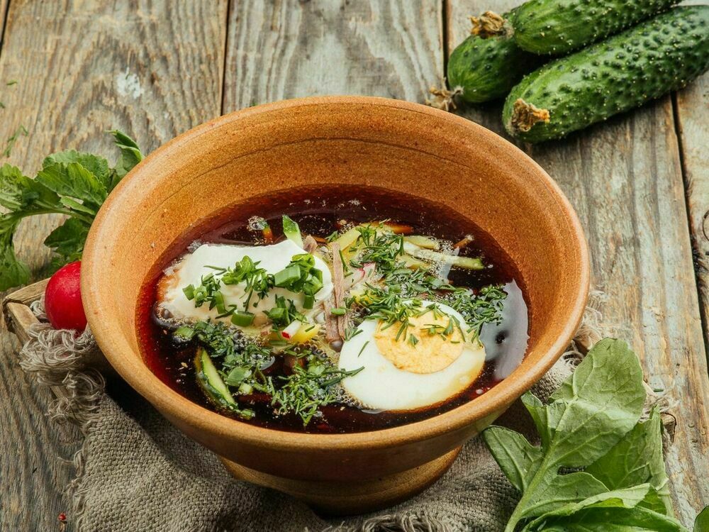 Okroshka on kvass with roast beef