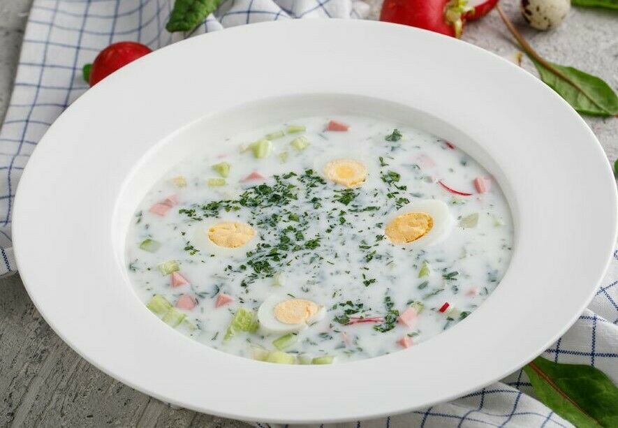 Okroshka on kefir with doctor's sausage