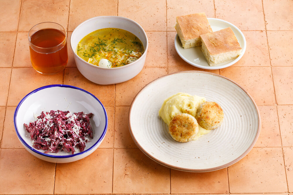 Chicken Kiev with mashed potatoes + Chicken soup + Vinaigrette with sauerkraut