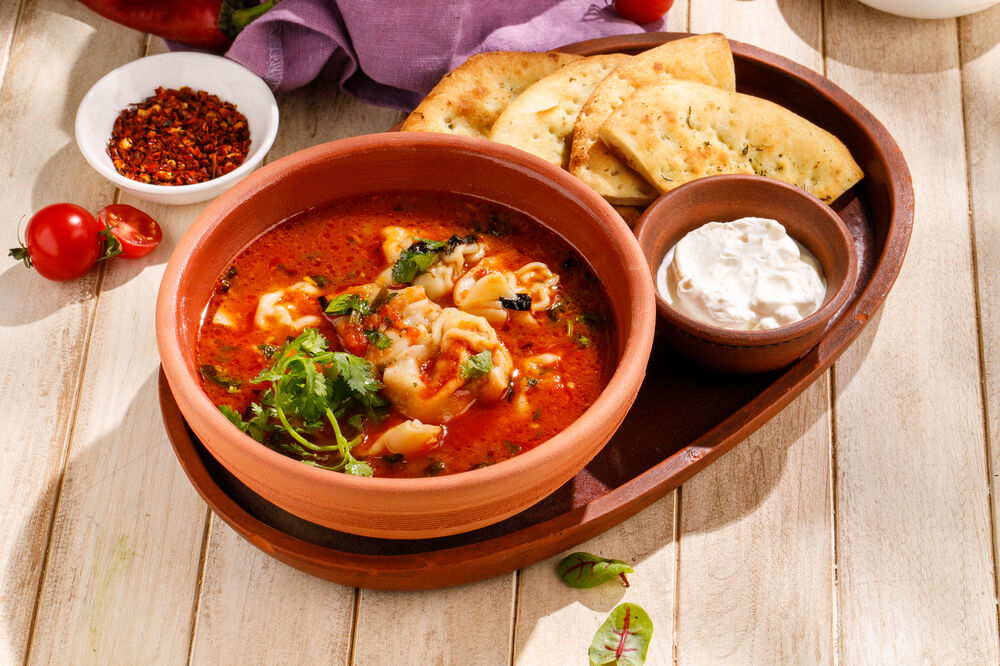 Tomato soup with lamb dumplings