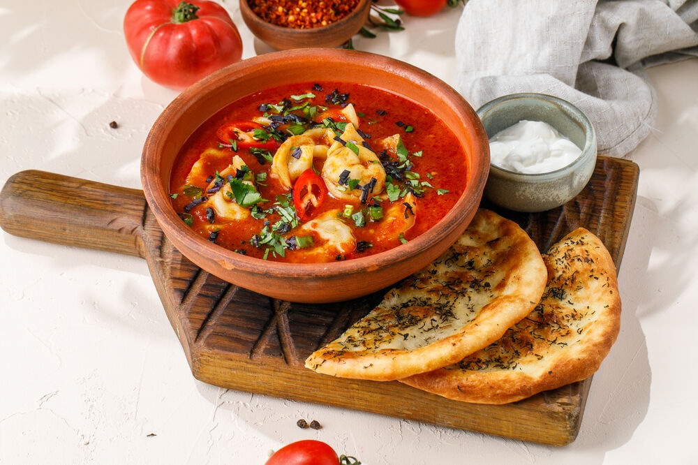 Tomato soup with lamb dumplings