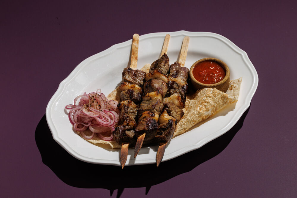 Grilled beef sirloin shashlik with fat tail
