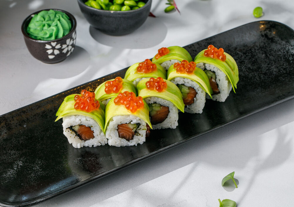 Roll with avocado and red caviar