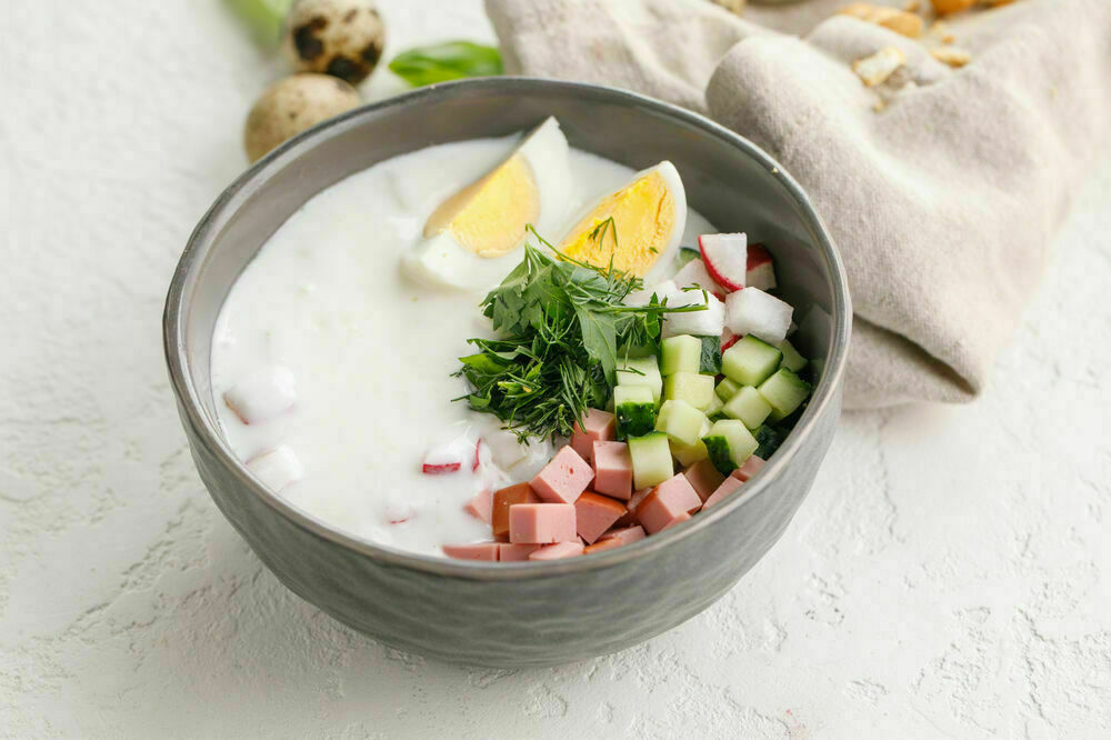 Okroshka with kefir and sausage