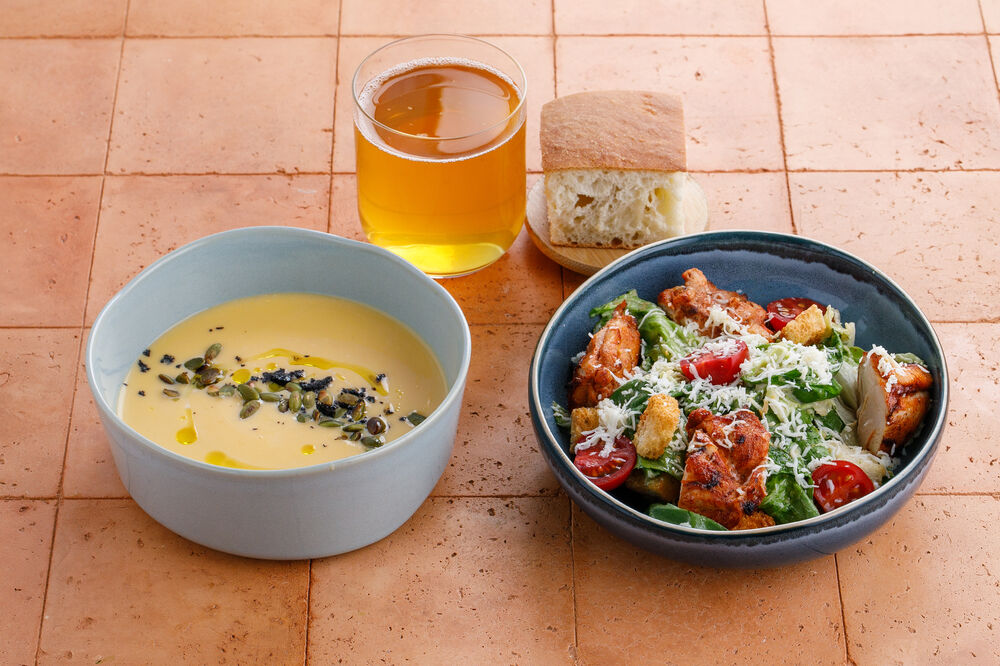 Pumpkin cream soup + Warm chicken salad
