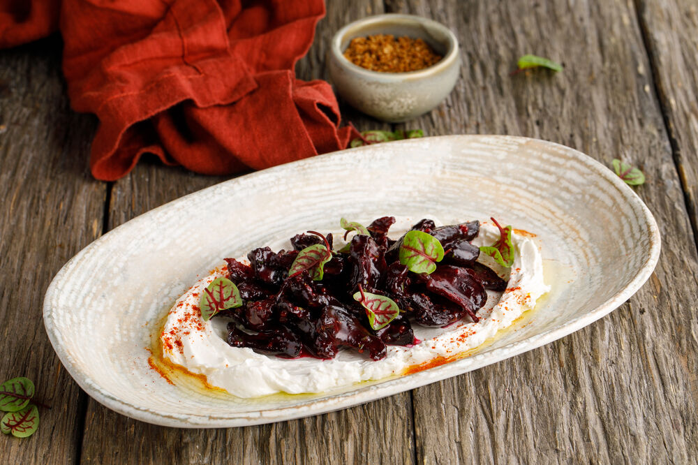  Dried beets with Tkemali and goat cheese