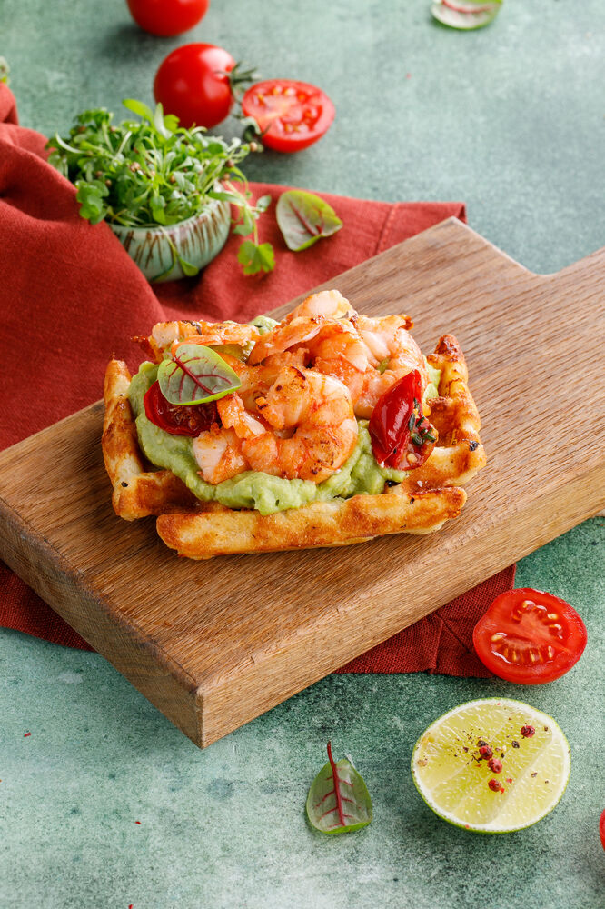 Chvishtari waffles with shrimp and guacamole