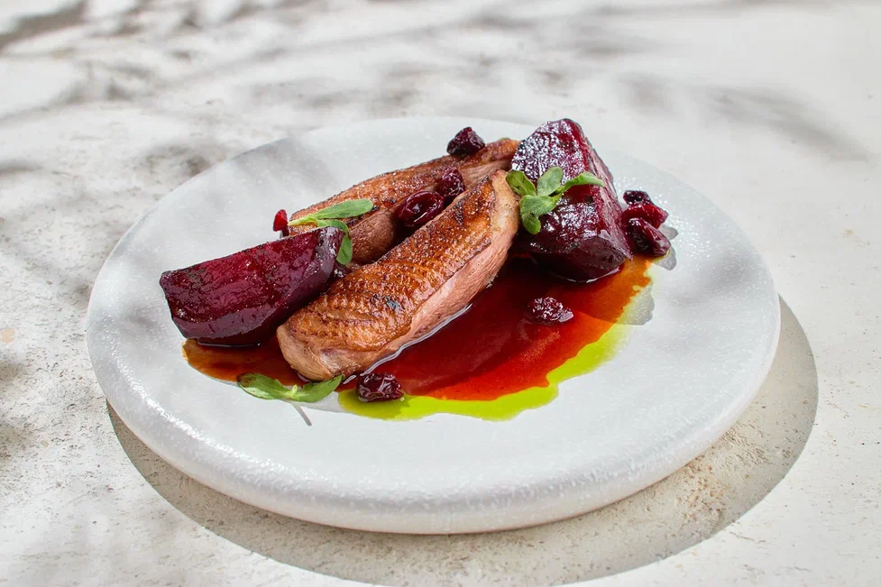 Duck breast with smoked beets and cherry sauce
