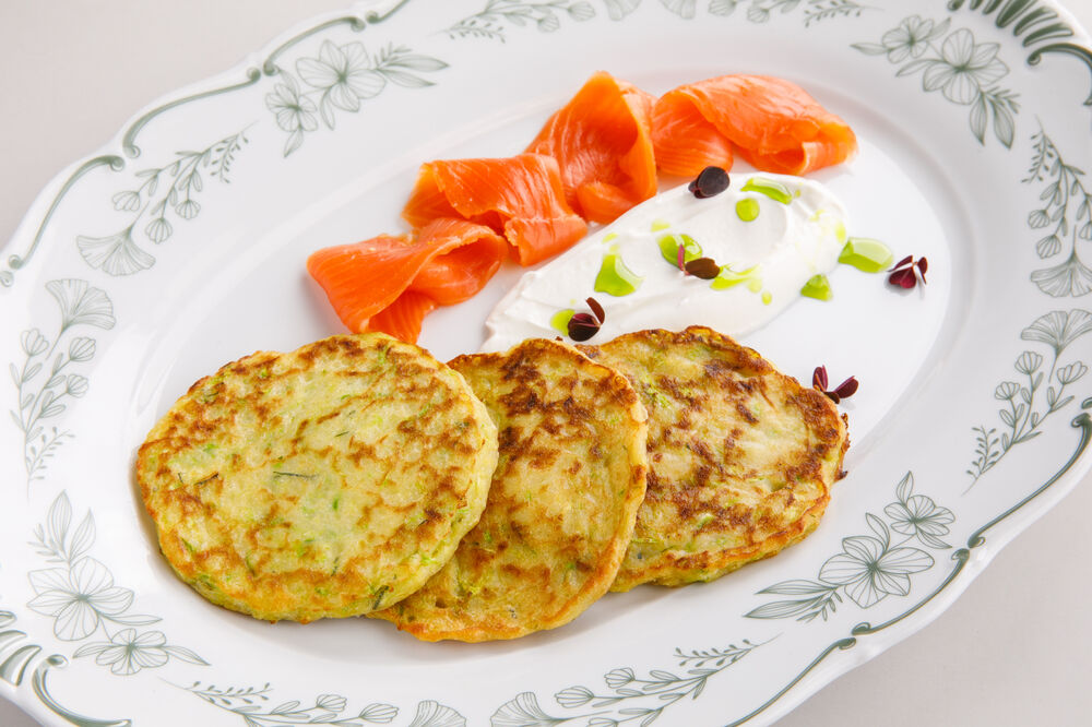 Zucchini pancakes with special salted salmon