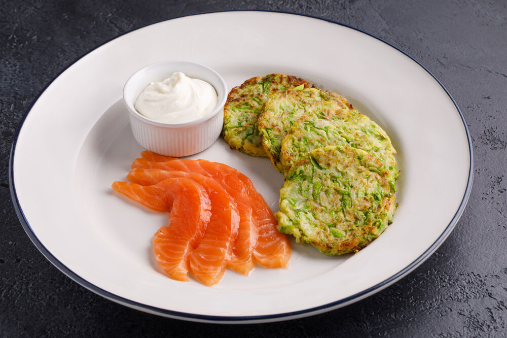 Zucchini pancakes with special salted salmon