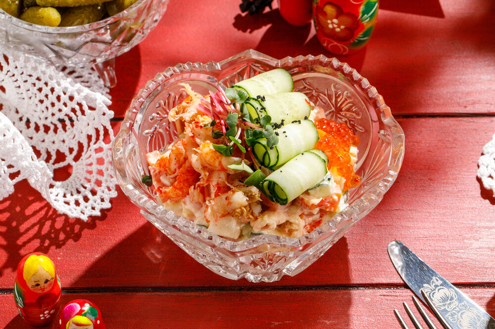 Salad "Olivier with crayfish tails"