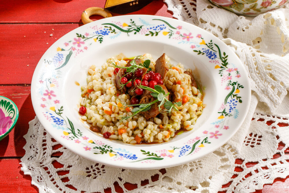 Pearl barley porridge with duck confit