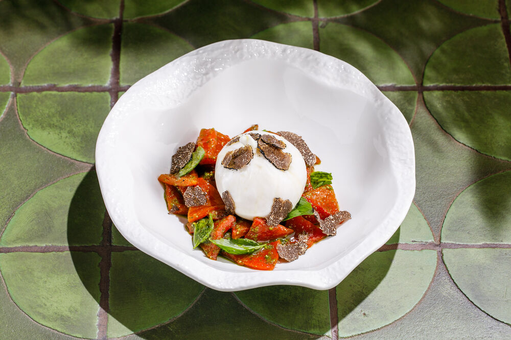 burrata with roasted peppers