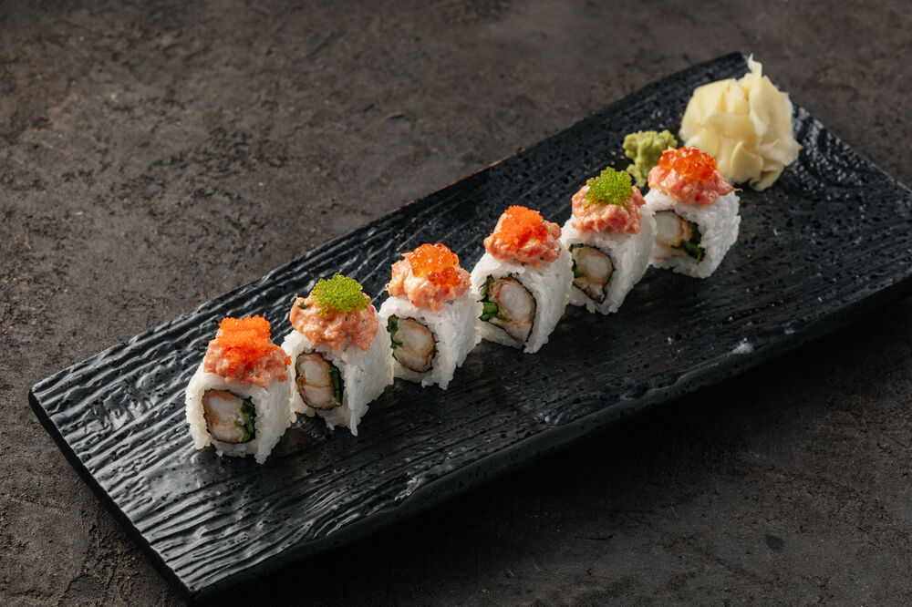 Tempura roll with shrimp and spicy tuna on promotion