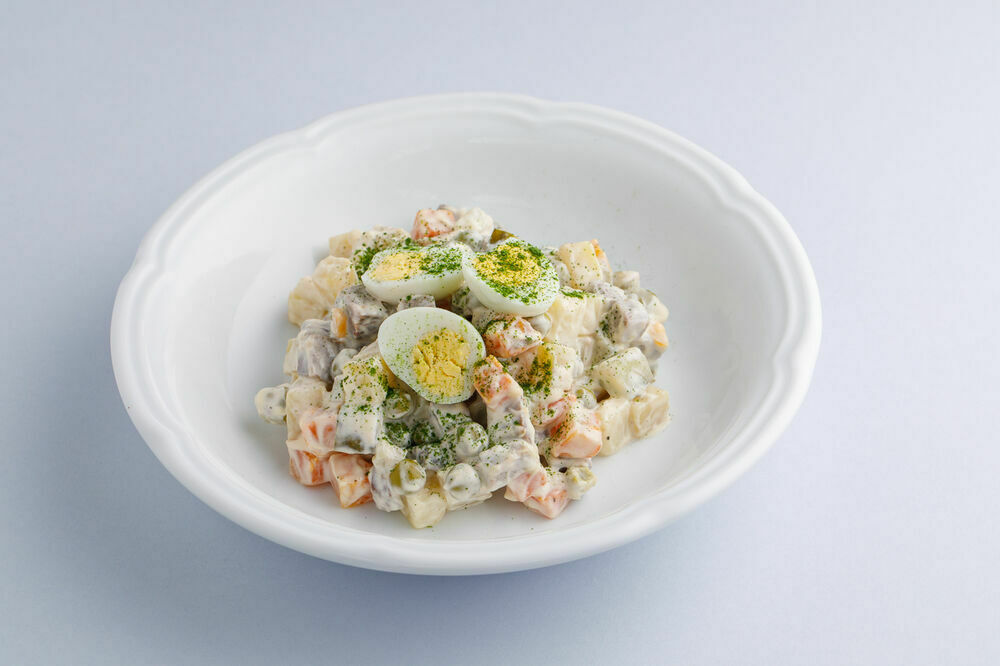 Olivier salad with smoked sockeye salmon