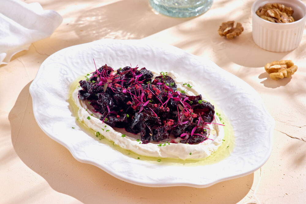 Dried beetroot in tkemali with feta cream