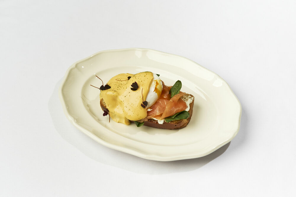 Eggs Benedict with trout