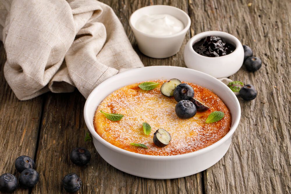 Cottage cheese casserole with sour cream and jam