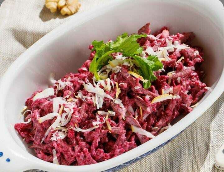 Tender beef salad with smoked suluguni cheese