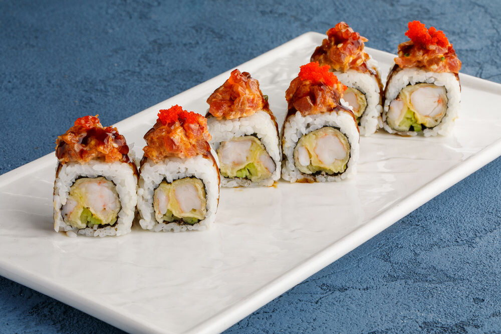 Shrimp tempura roll with spicy tuna