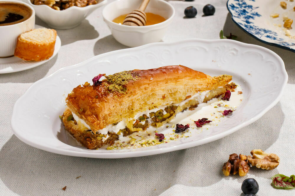 Pistachio Baklava dessert with ice cream