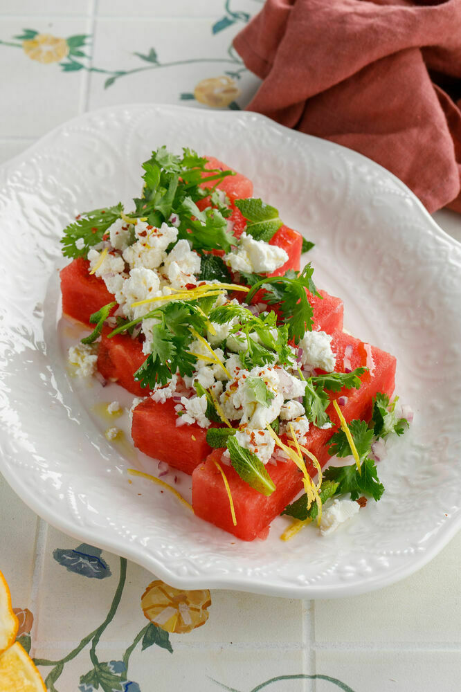 Summer salad of watermelon, feta, cilantro and red onion