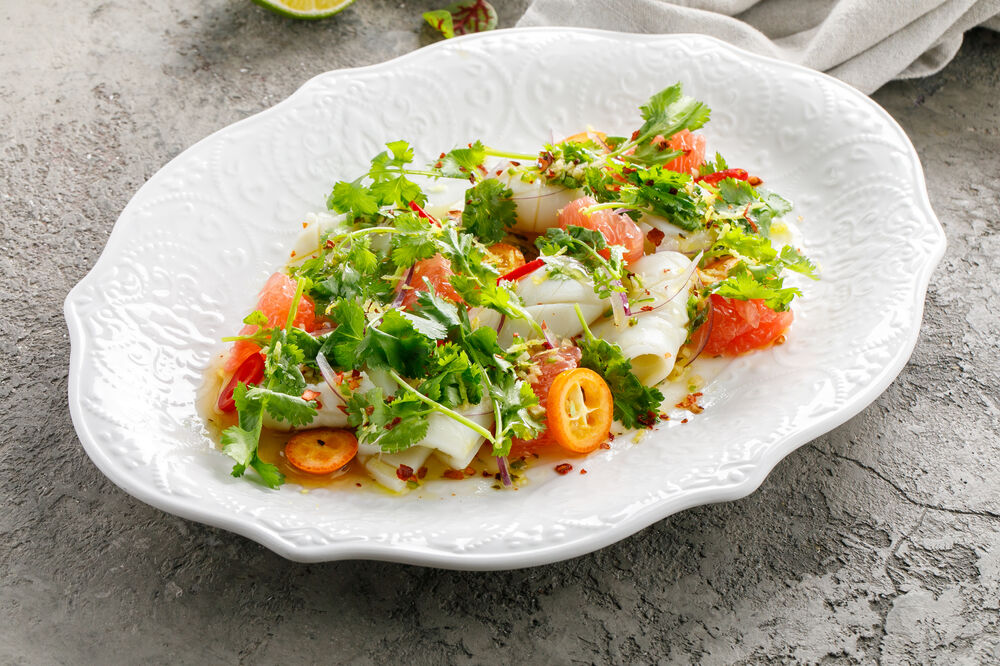 Appetizer of squid and fresh herbs