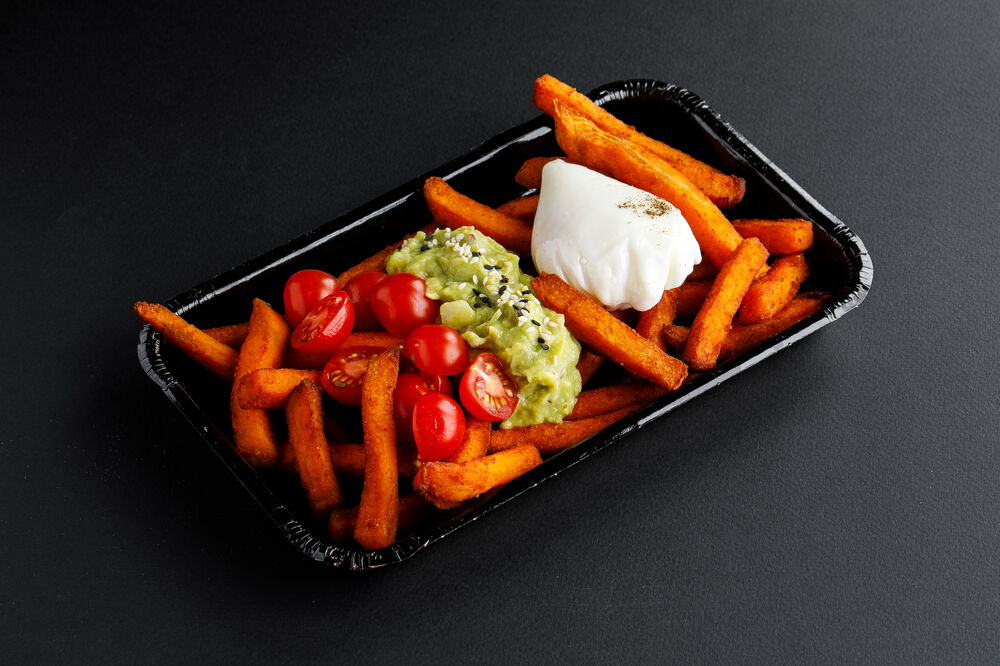 Sweet potato with poached egg and guacamole