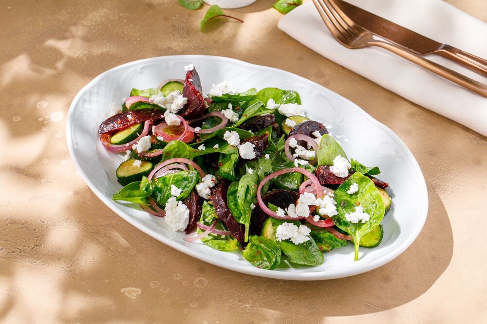 Young beet salad with feta cheese