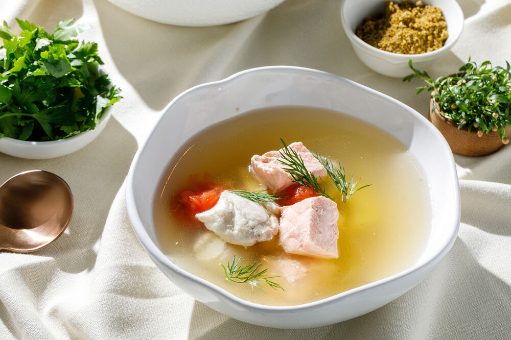 Georgian fish soup with salmon and walleye