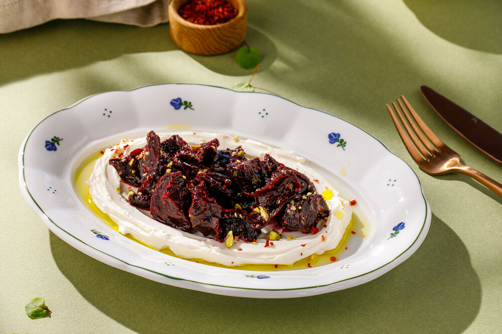 Dried tkemali beets with Guda cream