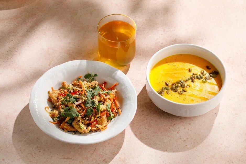 Pumpkin cream soup + Asian chicken salad