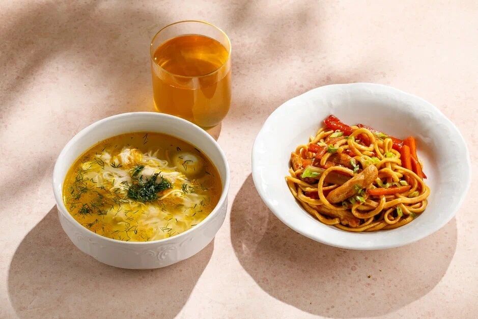 Chicken soup with homemade noodles + WOK wheat noodles with chicken