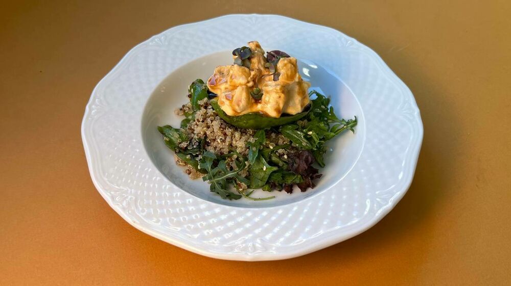 Grilled avocado with quinoa and tempura shrimp