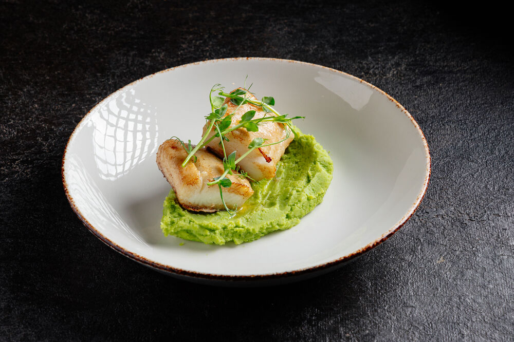 Halibut with young pea puree