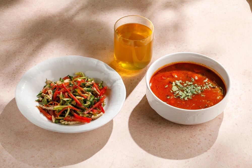 Vegetable salad with turkey + Borscht with sour cream