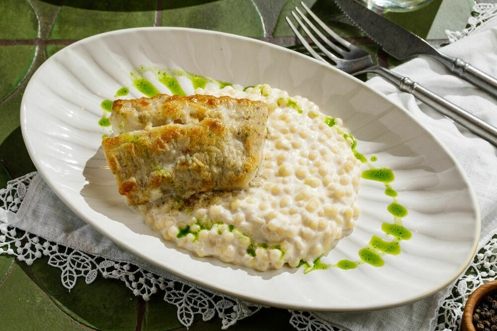 Cod with nut sauce and ptitim paste