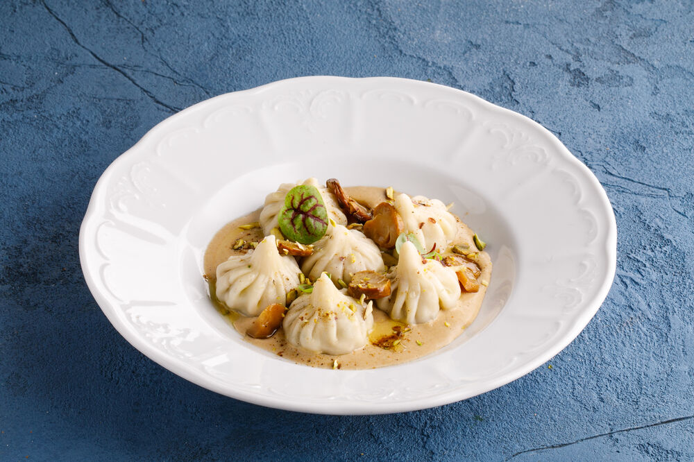 Rabbit dumplings with pistachio and mushrooms