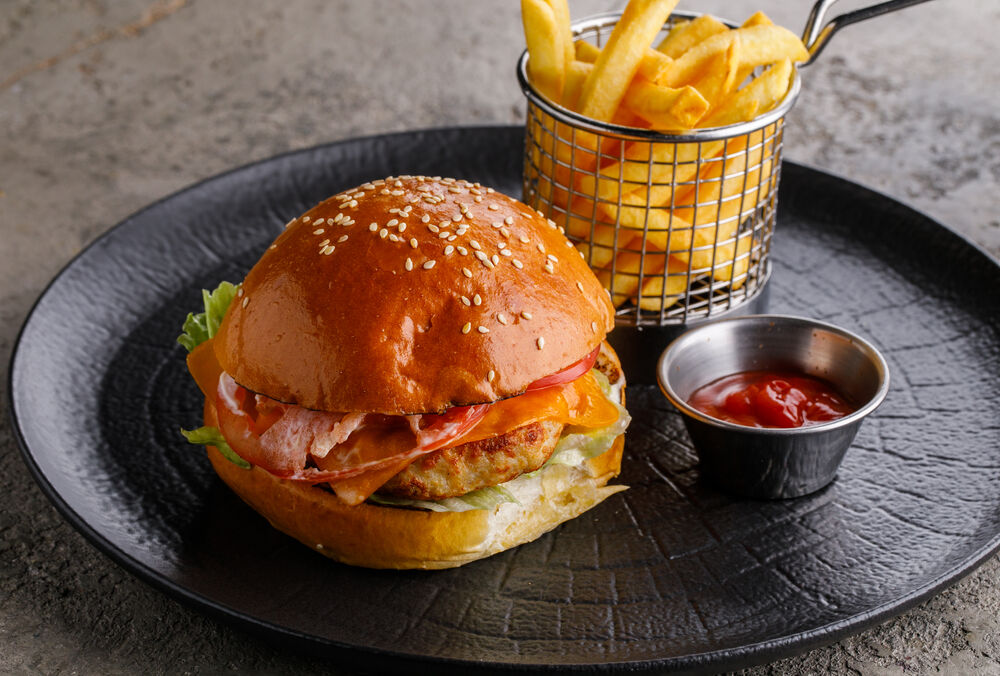 Chicken burger with french fries