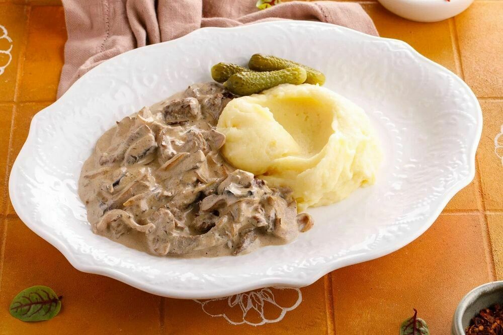 Beef Stroganoff with Pickles and Mashed Potatoes