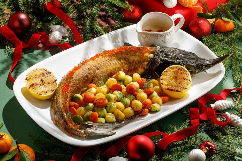 Запеченная стерлядь с овощами конфи