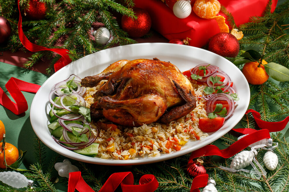 Baked chicken with sweet pilaf