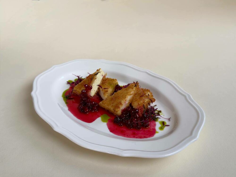 Cabbage steak with almond mousse