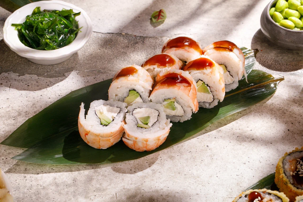Philadelphia with shrimp and unagi sauce