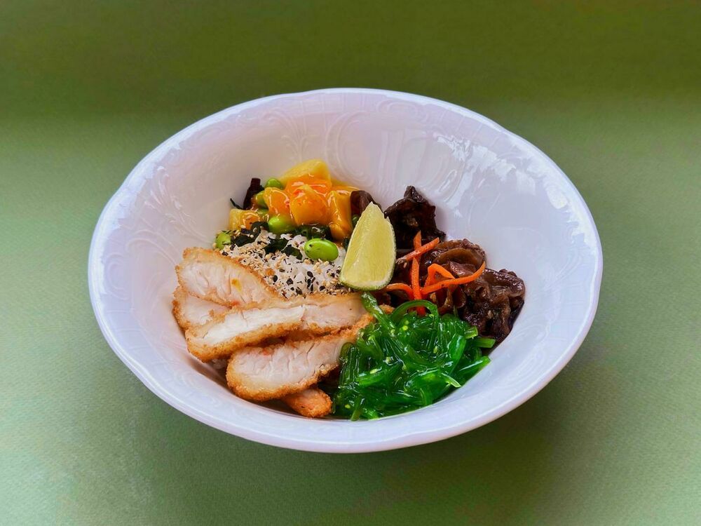 Tempura and mango shrimp bowl