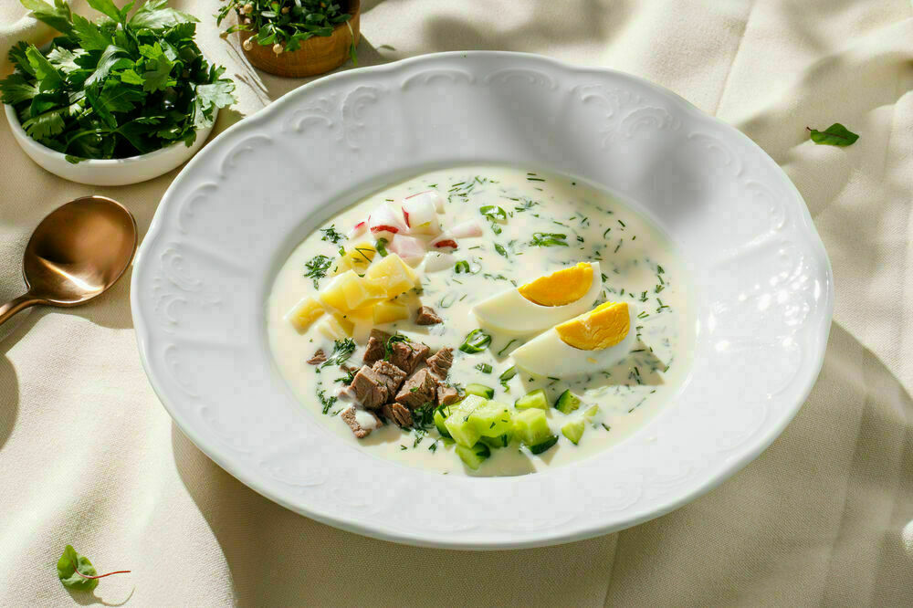 Okroshka with kefir and veal