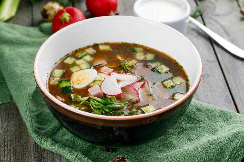 Okroshka with kvass and veal