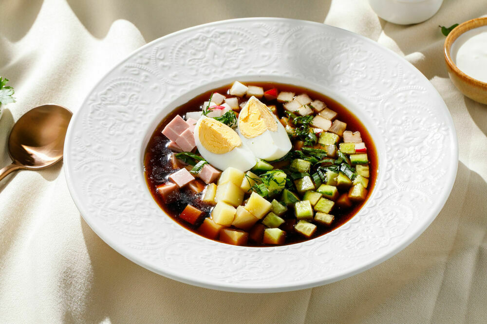 Okroshka soup with kvass and sausage