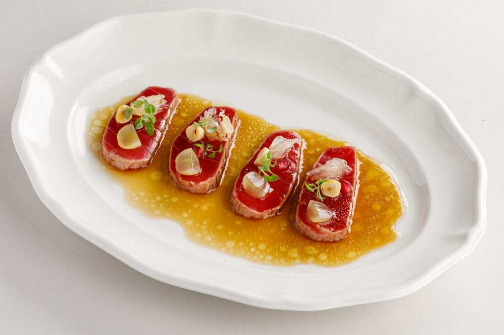 Tuna tataki with pomelo, hazelnut and ponzu sauce