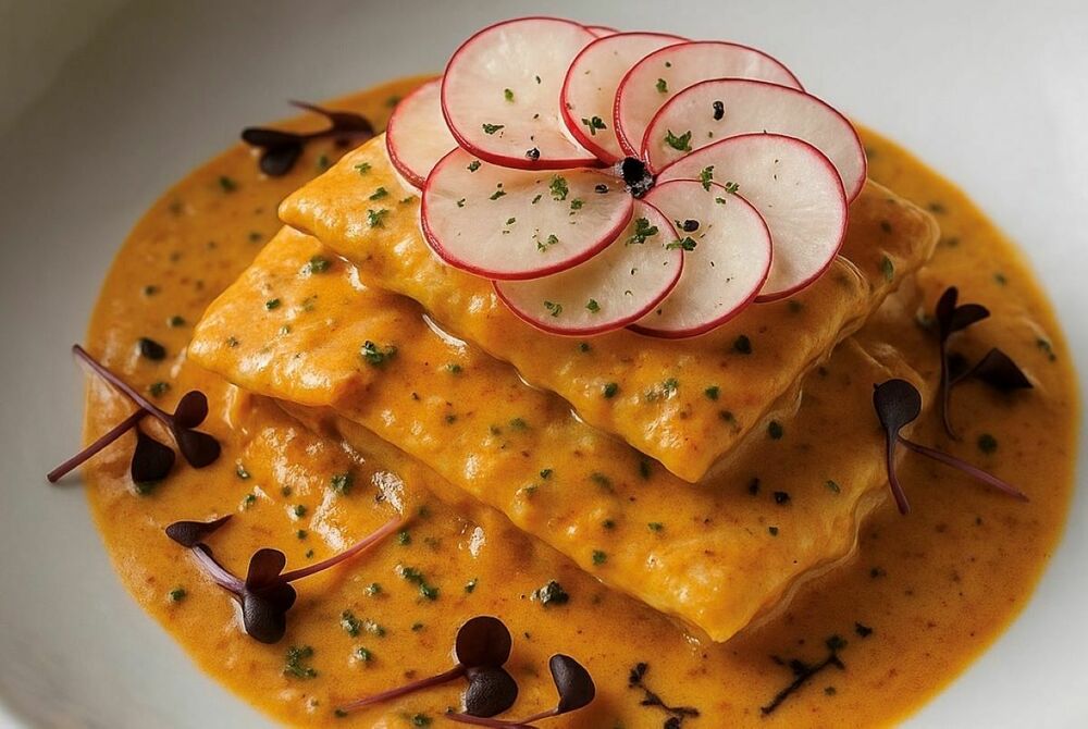 Congrio with mashed potatoes in tom yam sauce